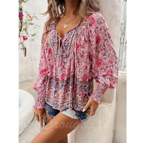 Pink Floral Printed Boho Long Sleeve Blouse Loose Fit Neck Ties Lantern Sleeve - Picture 6 of 8